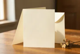 Blank cream folded greeting card standing upright with a matching envelope in soft window light