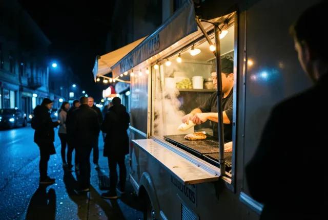 A food truck serving window glowing at night, steam rising and a cook passing an order out.
