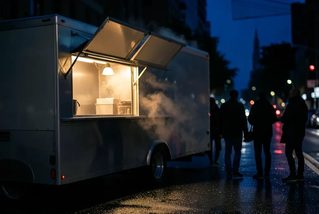 Food truck serving window open at night with warm light spilling onto wet asphalt and a queue