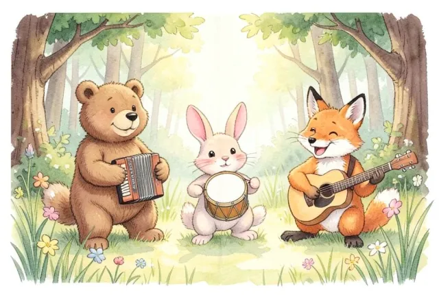 Children's book illustration of a bear with accordion, rabbit with tambourine and fox with guitar in a forest