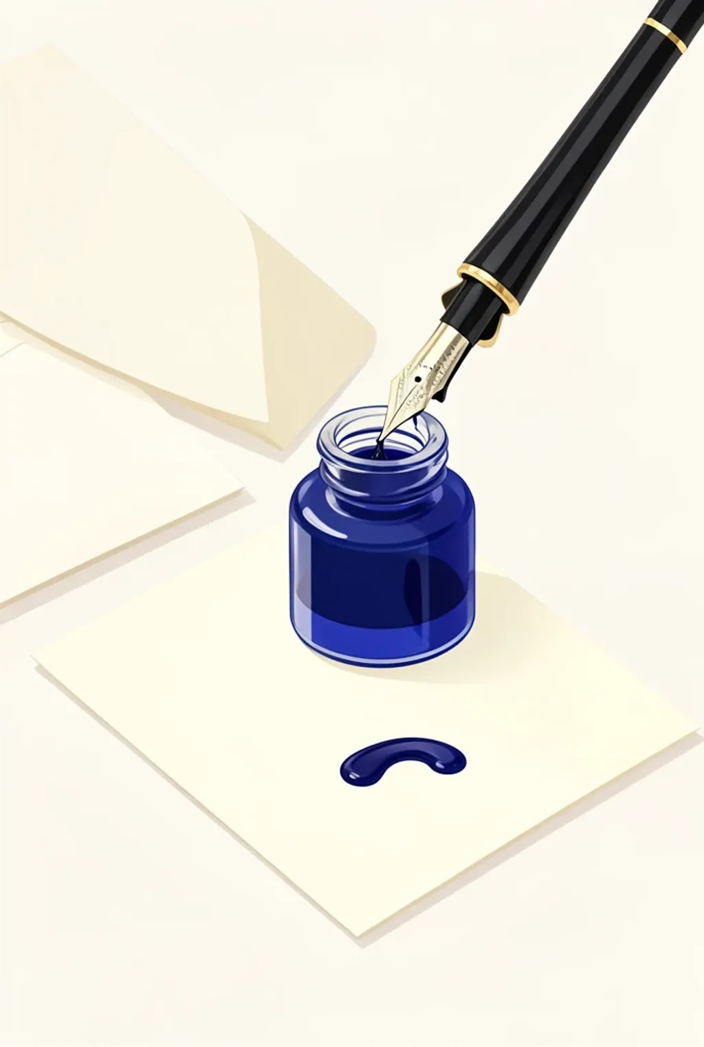 A clean illustration of a fountain pen dipping into a glass inkwell of deep blue ink.