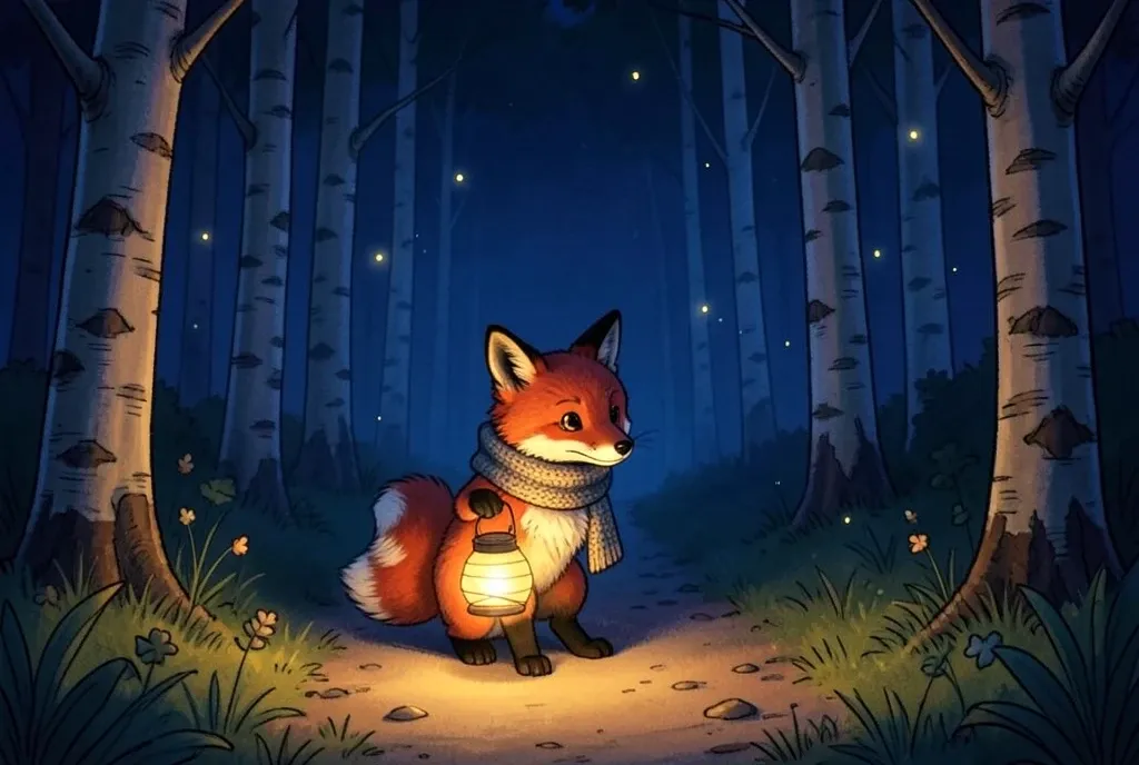 A small fox in a scarf carrying a glowing lantern along a birch woodland path at night