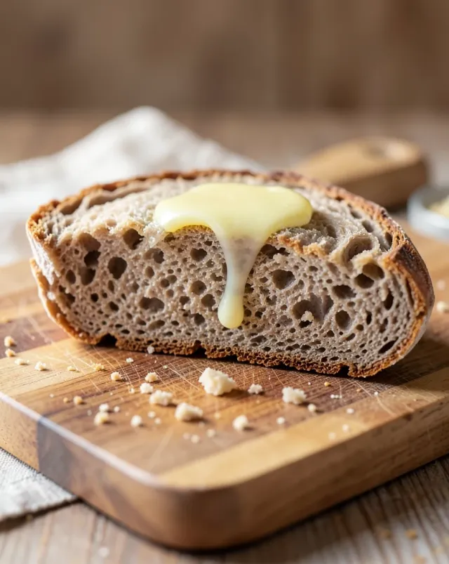 Thick slice of artisan sourdough bread with open crumb and melting butter on a wooden cutting board