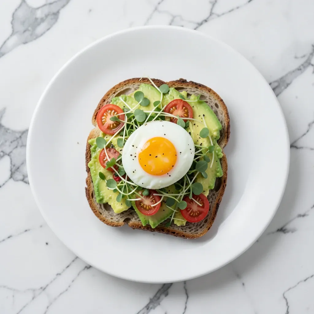 Overhead avocado toast with sliced avocado, cherry tomatoes, microgreens, and poached egg