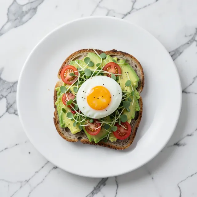 Overhead avocado toast with sliced avocado, cherry tomatoes, microgreens, and poached egg