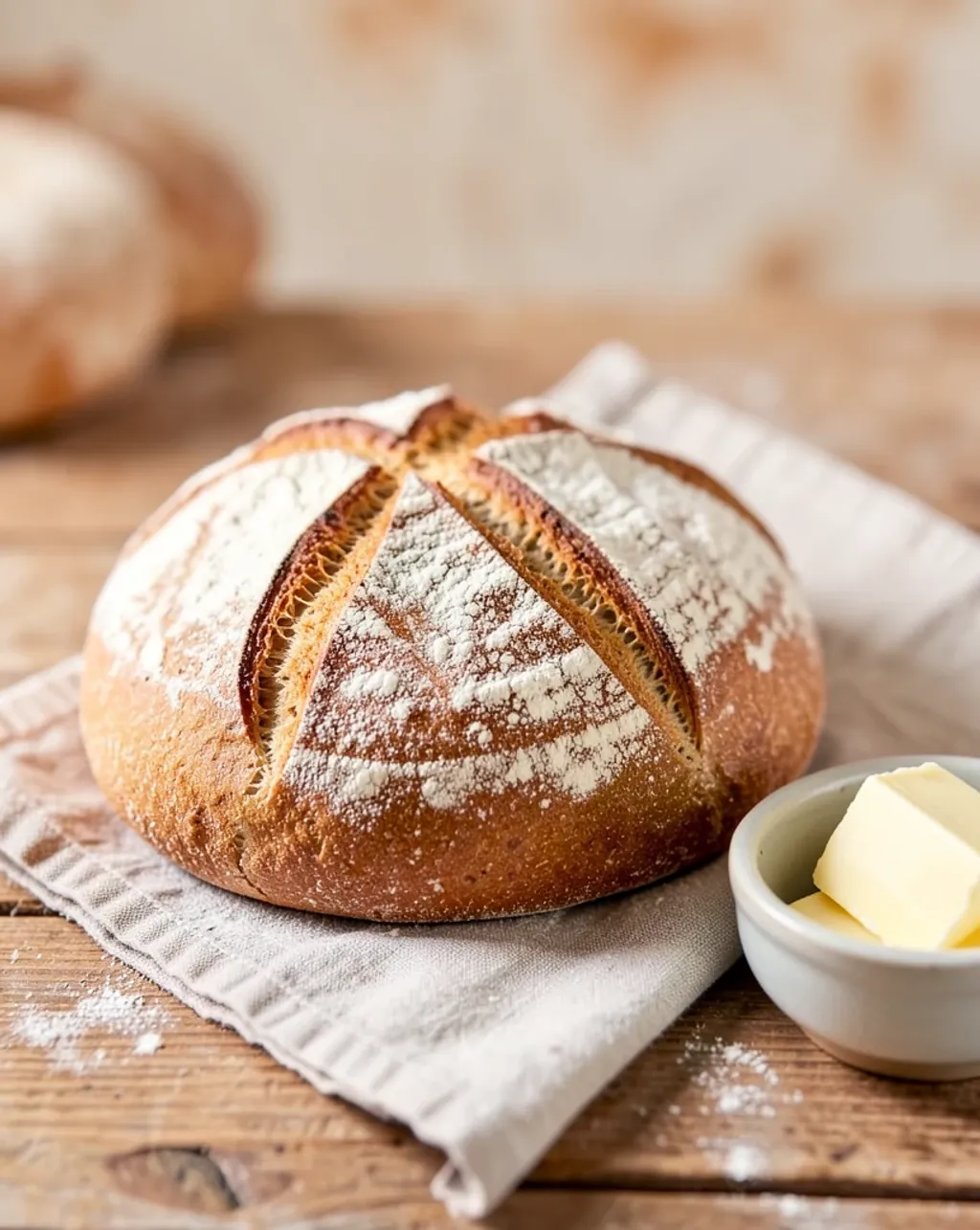Crusty round sourdough loaf with leaf score pattern, flour dusting, linen cloth, and butter in warm light