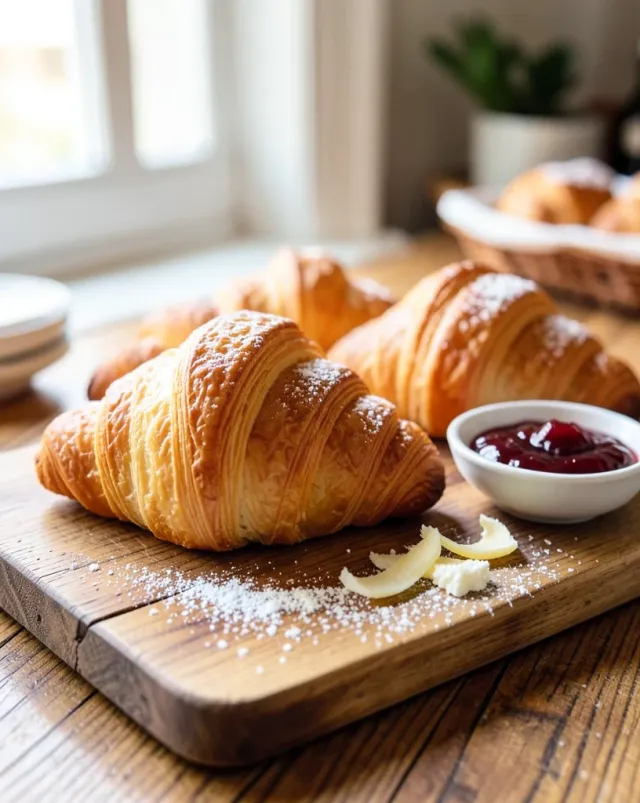 Freshly baked croissants on a wooden board with jam, butter curls, and sugar dusting