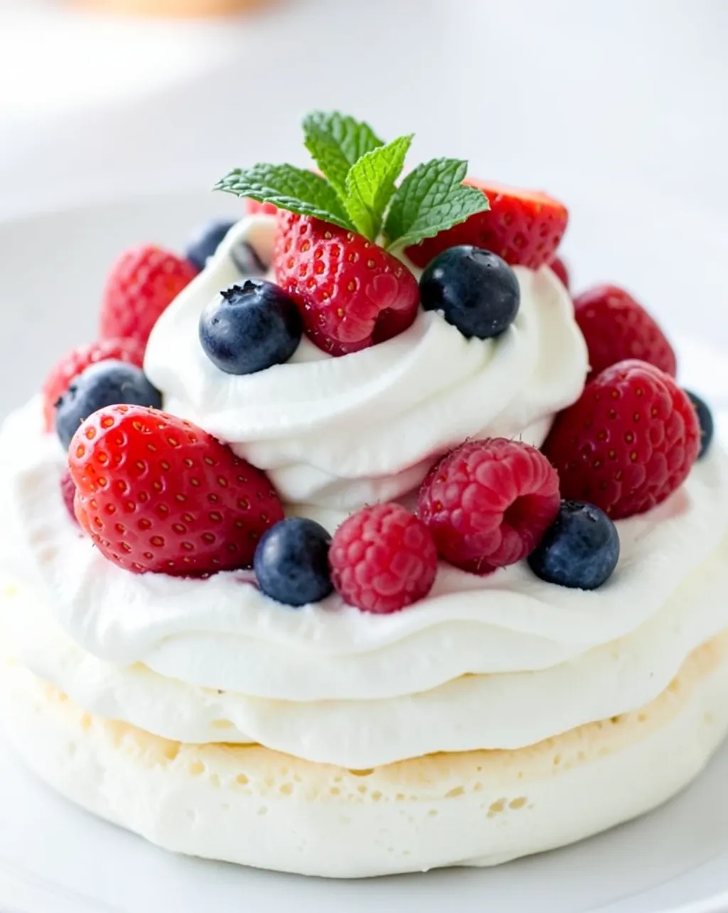 Crisp white meringue pavlova piled with whipped cream, strawberries, blueberries, raspberries, and mint