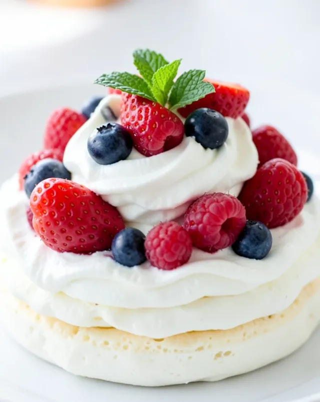 Crisp white meringue pavlova piled with whipped cream, strawberries, blueberries, raspberries, and mint