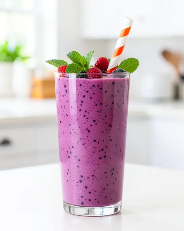 Tall glass of purple berry smoothie topped with fresh berries, mint, and a striped straw