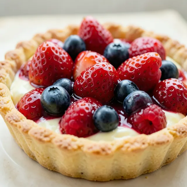 Fresh berry tart with strawberries, blueberries, and raspberries on custard in golden pastry shell