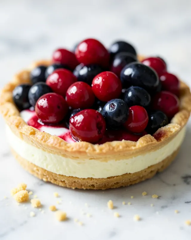 Fresh mixed-berry tart with glossy berries, vanilla cream, and crumbs on marble