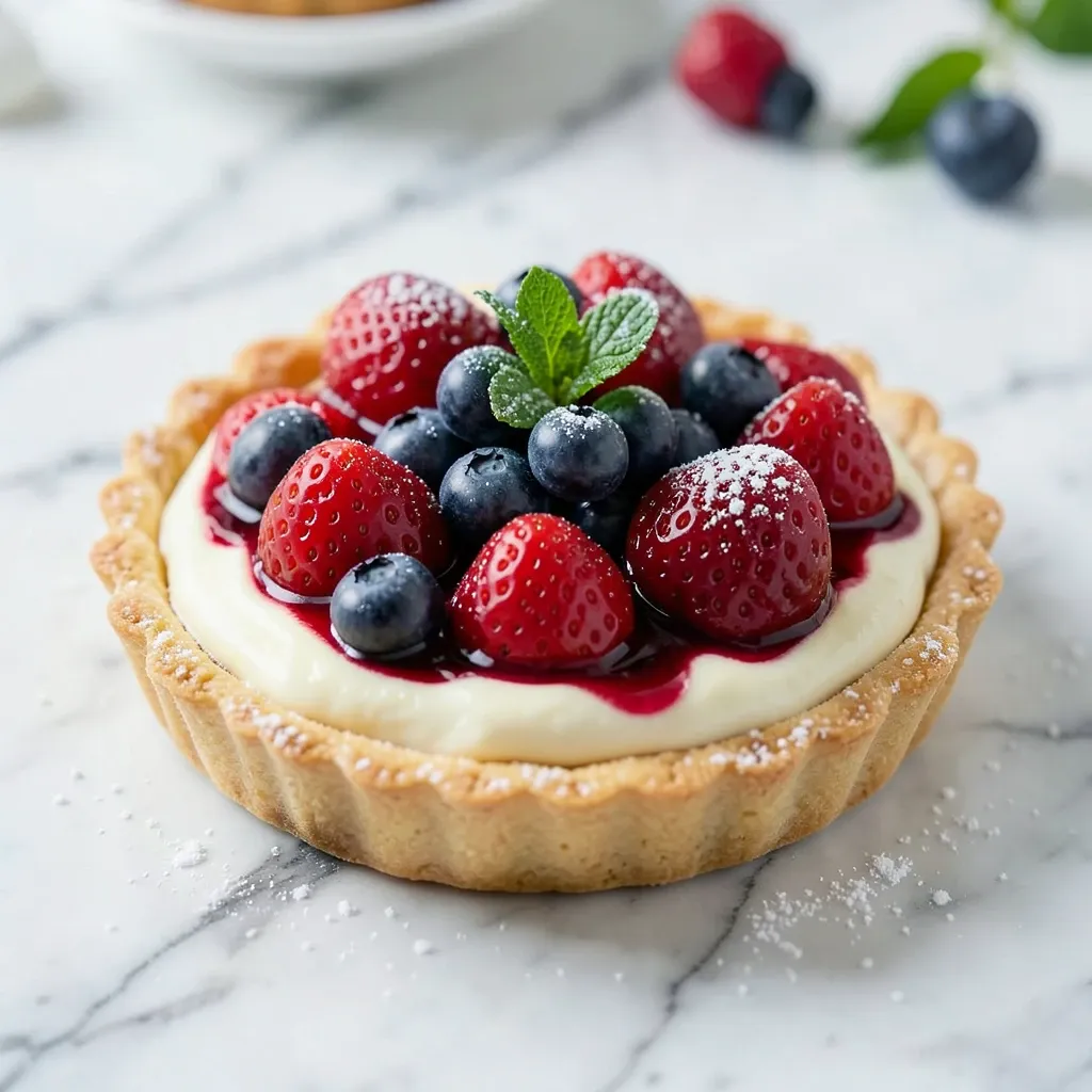 Fresh berry tart with golden crust, vanilla custard, glossy strawberries, blueberries, raspberries, and mint on marble