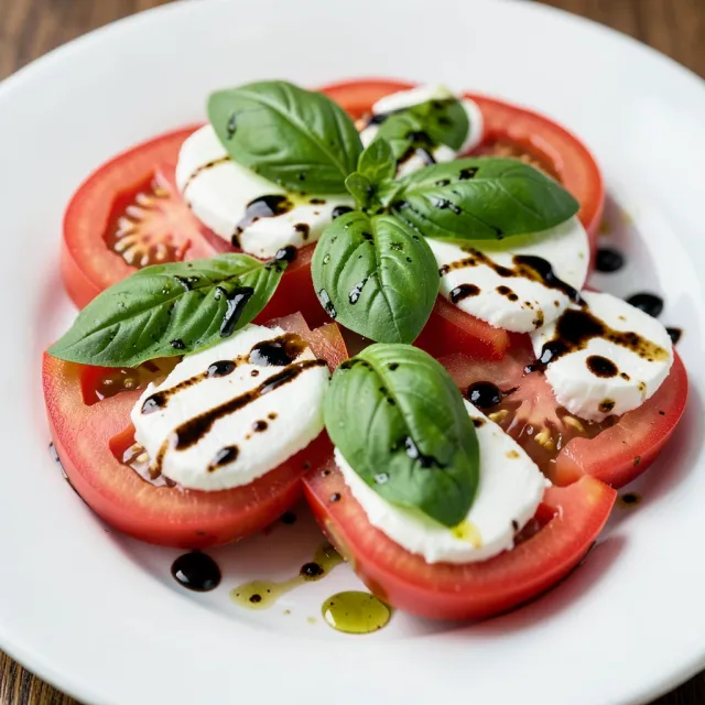 Fresh Caprese salad close-up with tomato, mozzarella, basil, olive oil, and balsamic glaze