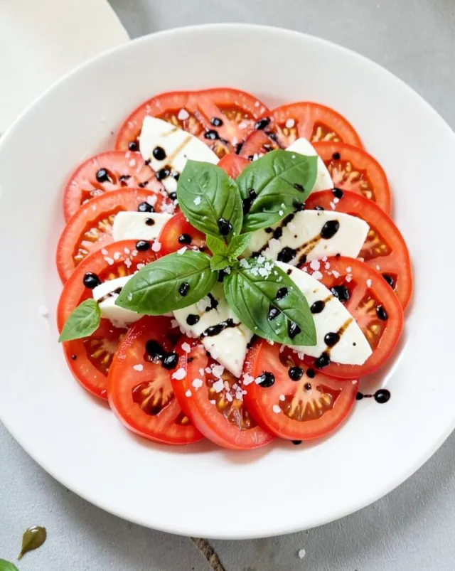 Sliced tomatoes and mozzarella in overlapping rows with basil, balsamic glaze, and sea salt on white plate
