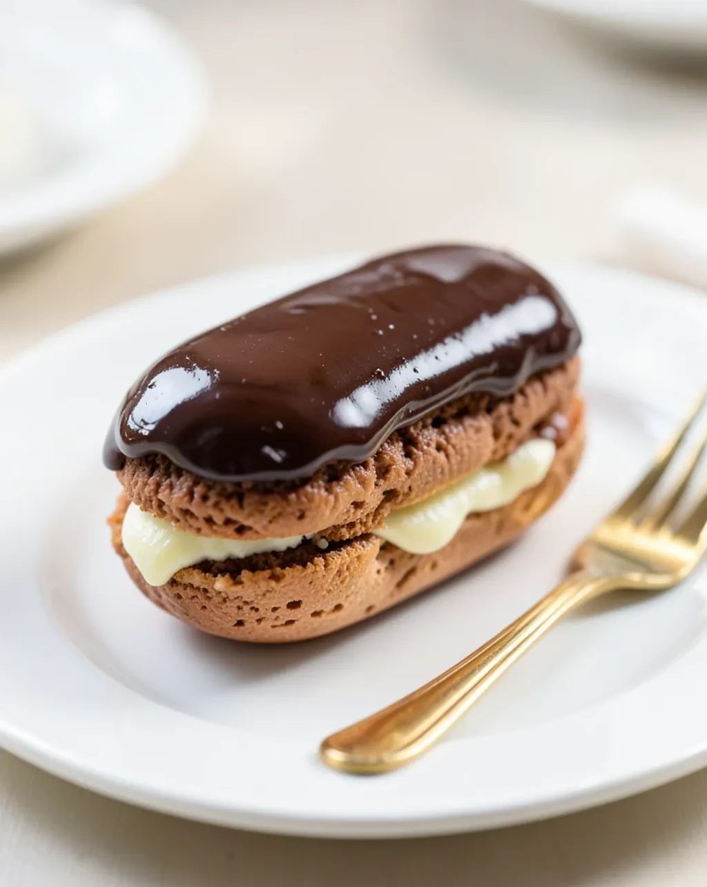 Glossy chocolate-glazed eclair on a white plate with pastry cream visible and a gold fork beside it