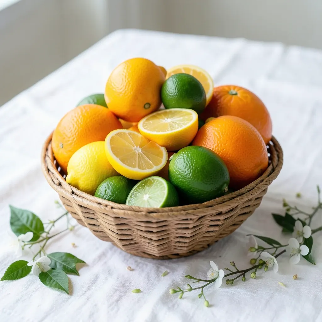 Bright citrus fruits in a woven bowl on white linen with scattered leaves and blossoms