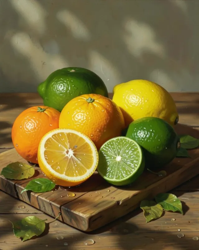 Fresh oranges, lemons, and limes on a rustic wooden board with leaves and water droplets in dappled sunlight