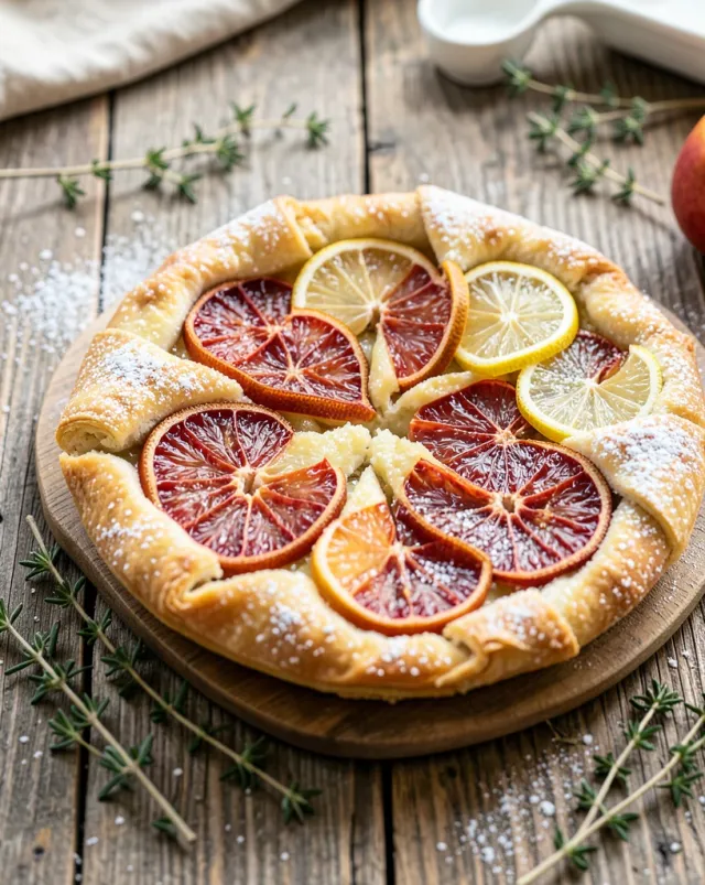 Fresh citrus galette with blood orange and lemon slices on a rustic wooden table
