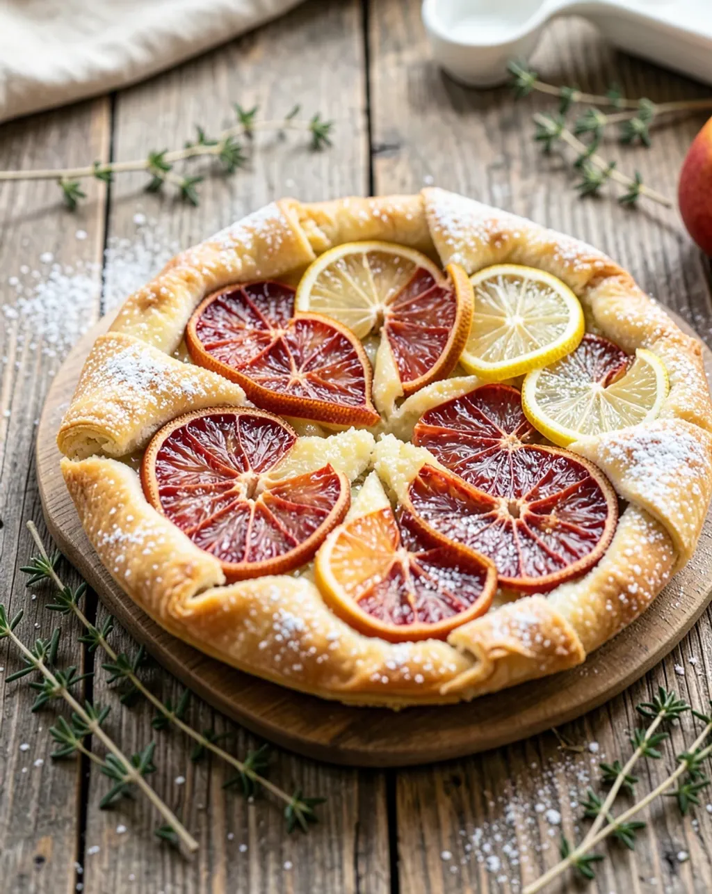 Fresh citrus galette with blood orange and lemon slices on a rustic wooden table