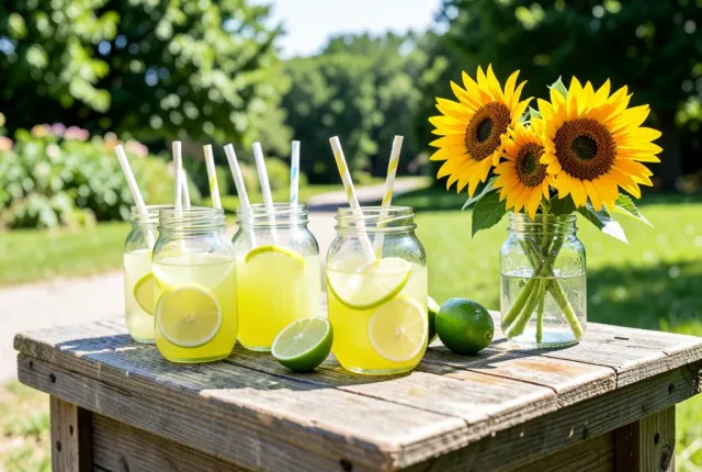 Rustic lemonade stand with glass jars, sliced lemons, paper straws, and sunflowers in bright sunlight