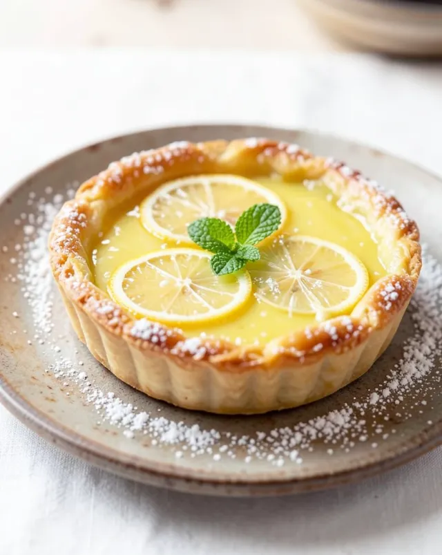 Fresh lemon citrus tart with thin slices and mint on a rustic plate with soft side light