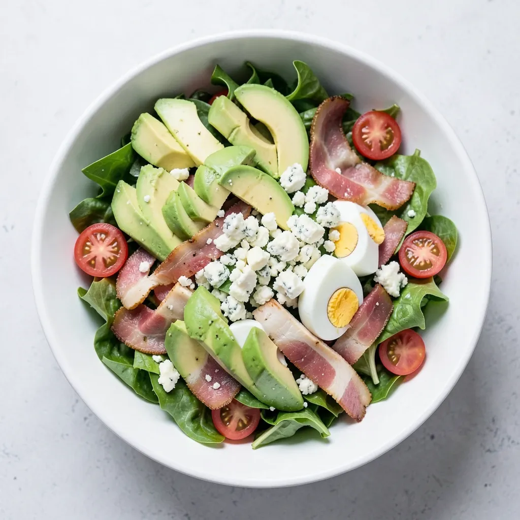 Overhead Cobb salad bowl with rows of avocado, bacon, chicken, egg, tomatoes, and blue cheese