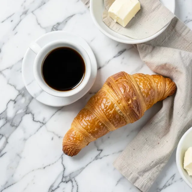 Top-down view of golden croissant, white coffee cup, butter plate, and linen napkin on marble