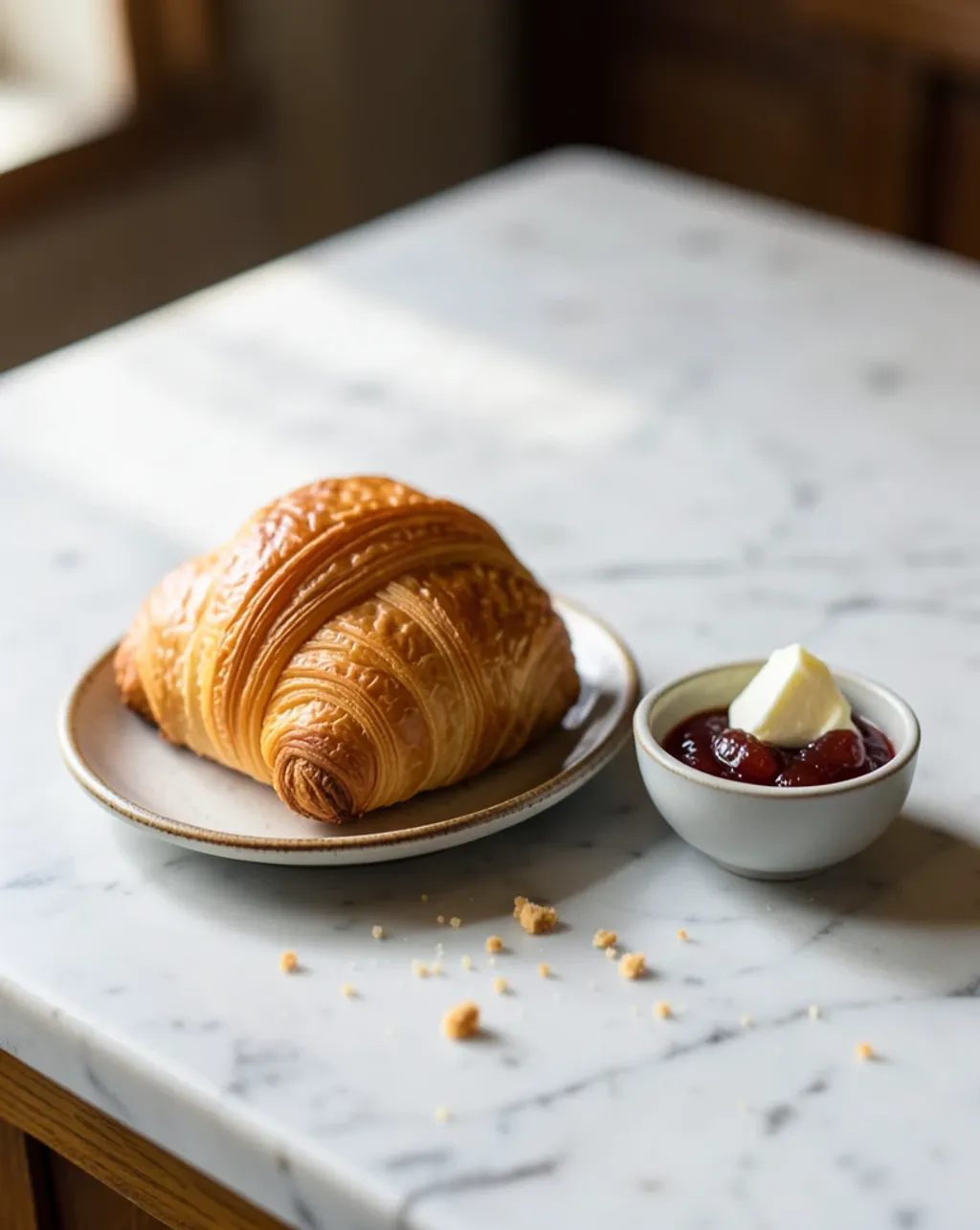 Golden flaky croissant on a marble counter with jam, butter, and morning light