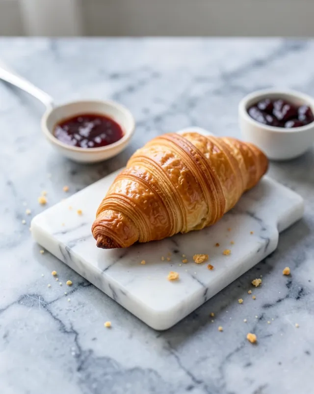 Golden flaky croissant on grey marble board with small dish of jam and scattered crumbs