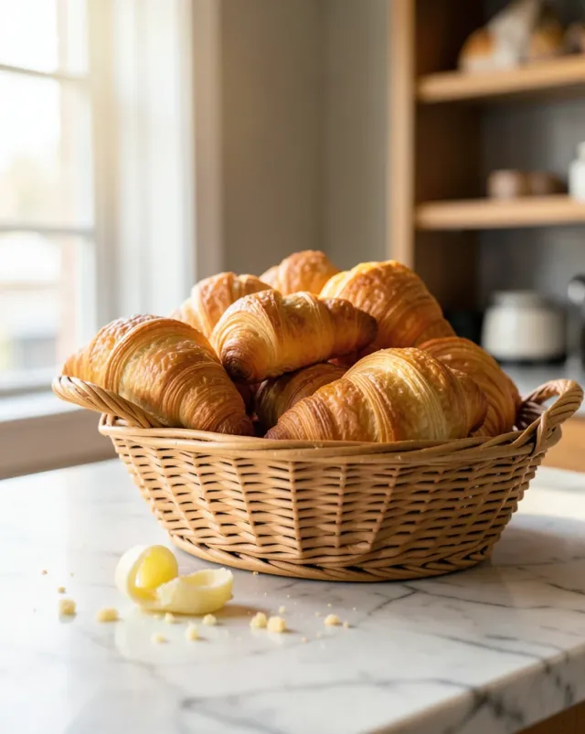 Golden flaky croissants in a woven basket on a marble counter with butter curl and crumbs