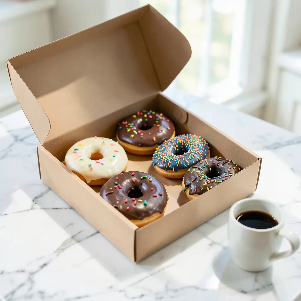 Open box of assorted colorful donuts on a marble counter with a coffee cup in morning light