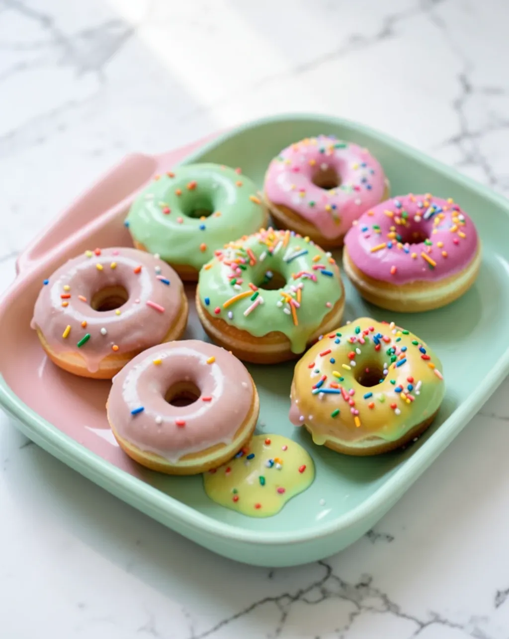 Assorted colorful glazed donuts with sprinkles on a mint green tray with soft morning light