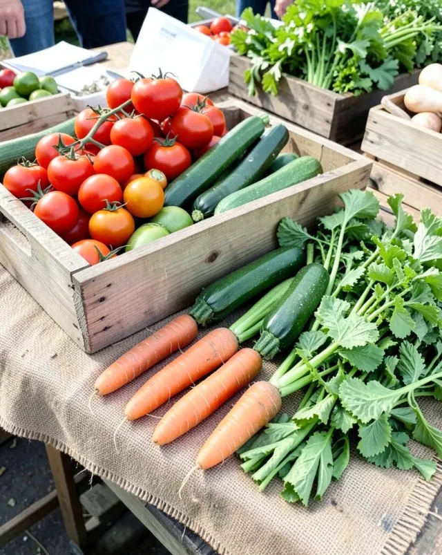 Wooden crate overflowing with heirloom tomatoes, zucchini, and greens on a burlap cloth at a farmers market