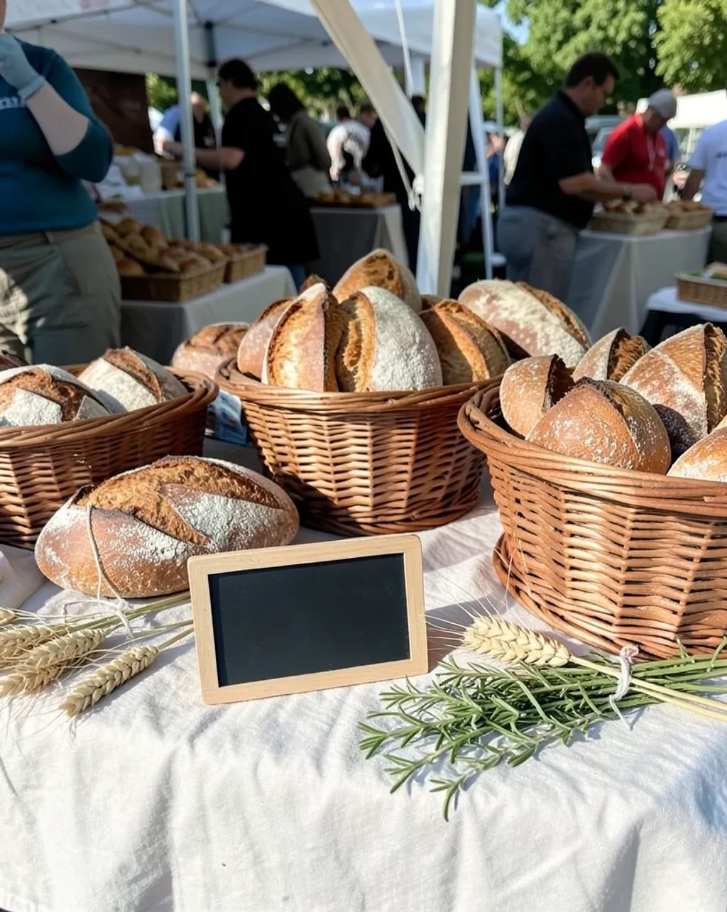 Assorted crusty sourdough loaves in wicker baskets on a linen table with wheat and rosemary