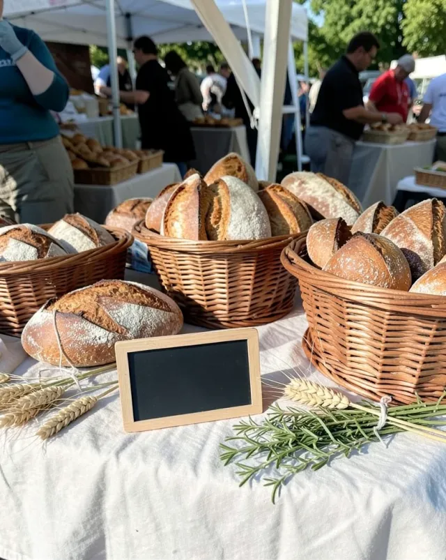 Assorted crusty sourdough loaves in wicker baskets on a linen table with wheat and rosemary
