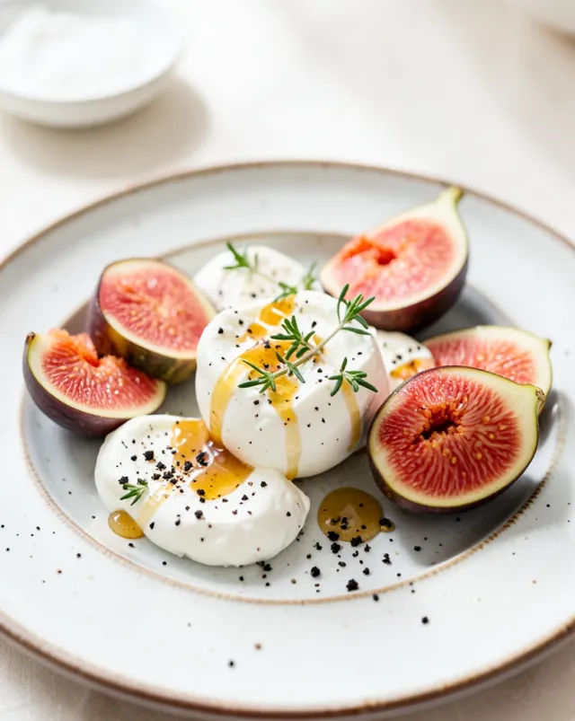 Fresh figs and creamy burrata on a ceramic plate with honey drizzle, thyme, and cracked pepper