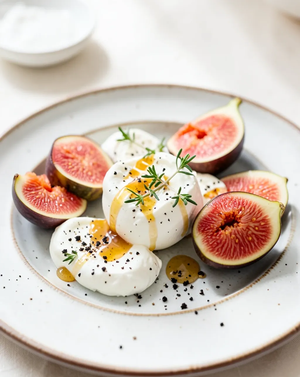 Fresh figs and creamy burrata on a ceramic plate with honey drizzle, thyme, and cracked pepper