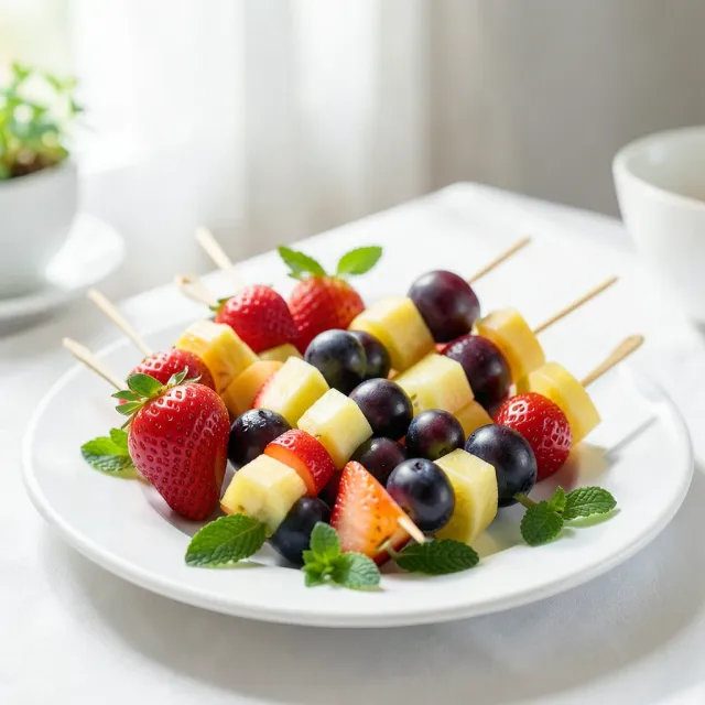 Colorful fruit skewers with strawberry, pineapple, melon, and grapes arranged on a white platter