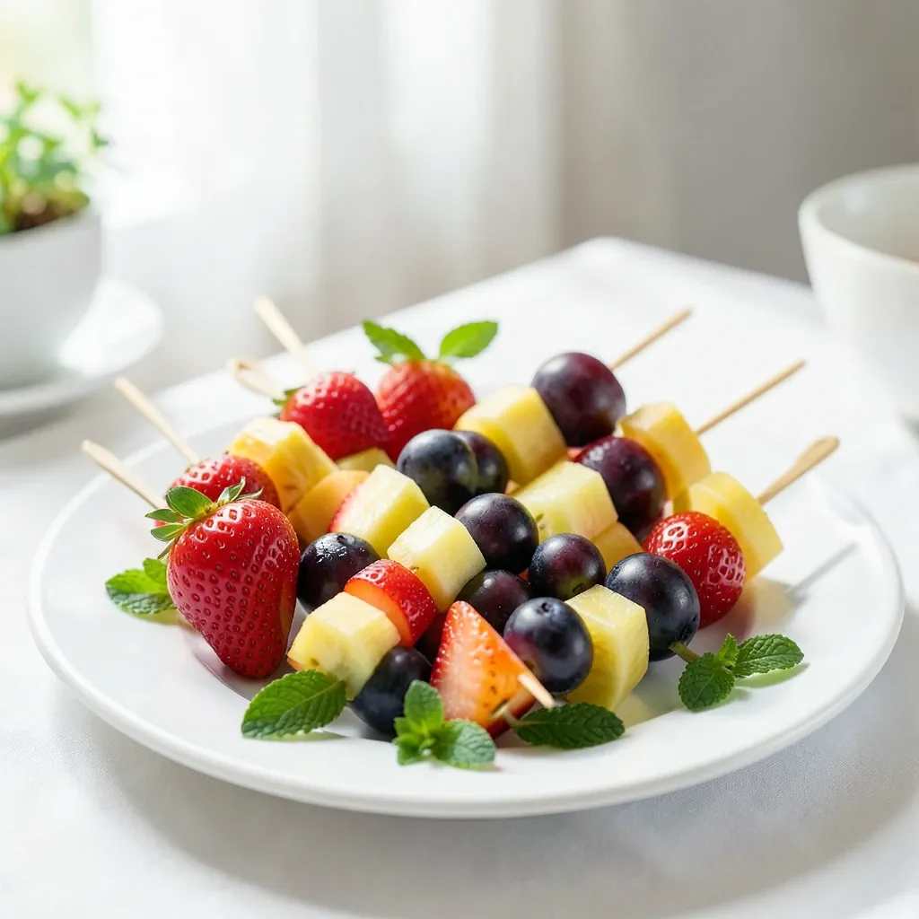 Colorful fruit skewers with strawberry, pineapple, melon, and grapes arranged on a white platter