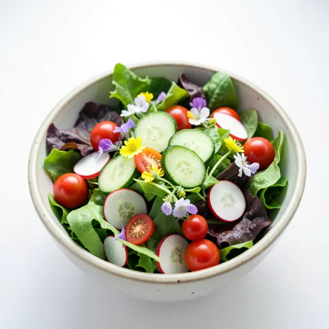 Large ceramic bowl filled with mixed greens, cherry tomatoes, cucumber, radish, and edible flowers