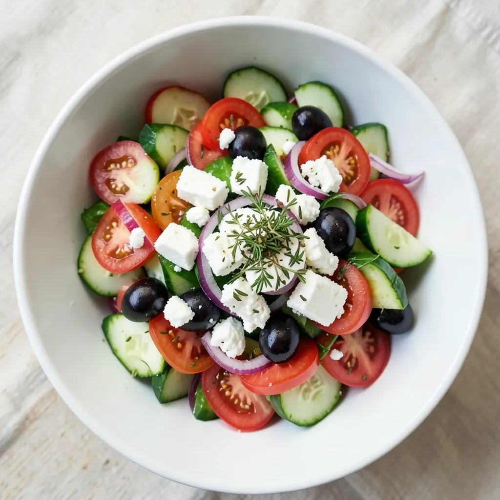 Overhead view of colorful Greek salad with tomatoes, cucumbers, onion, olives, and feta in white bowl