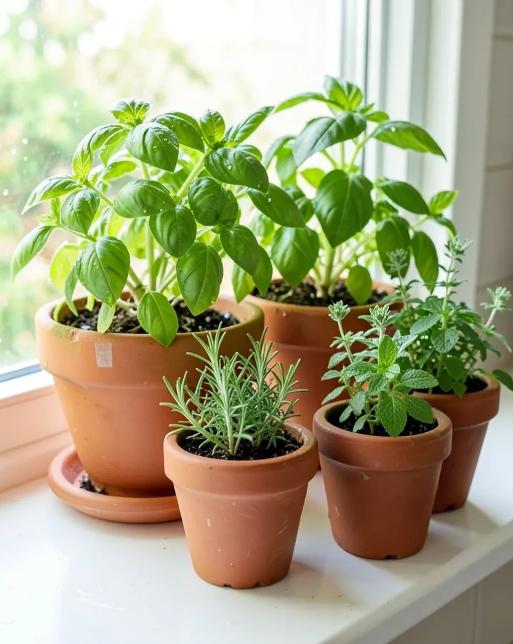Fresh basil, rosemary, thyme, and mint in terracotta pots on a sunny kitchen windowsill