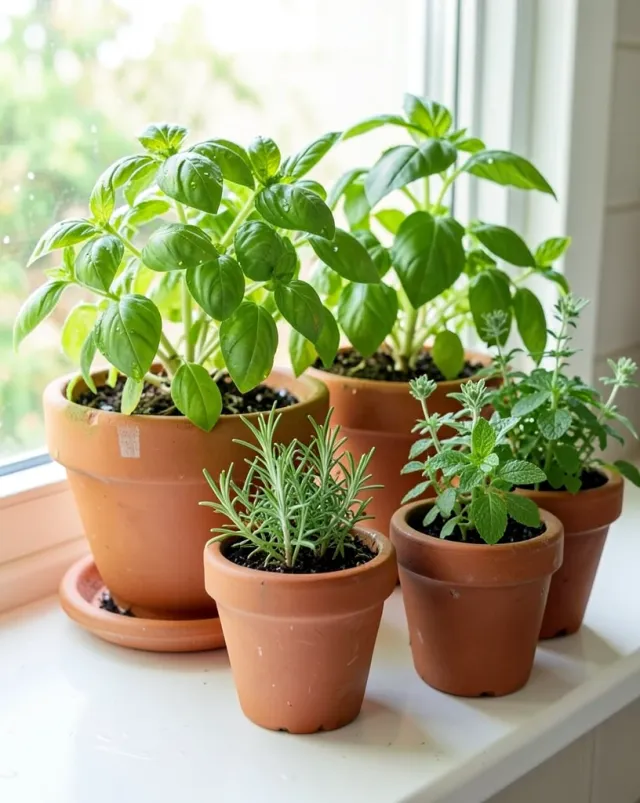 Fresh basil, rosemary, thyme, and mint in terracotta pots on a sunny kitchen windowsill
