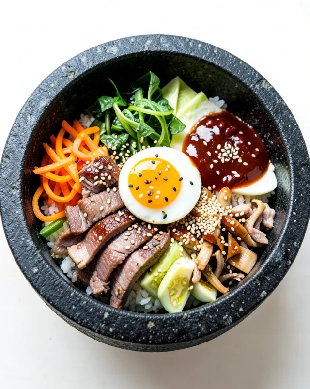 Hot stone bibimbap bowl with rice, vegetables, sliced beef, fried egg, gochujang sauce, and sesame seeds