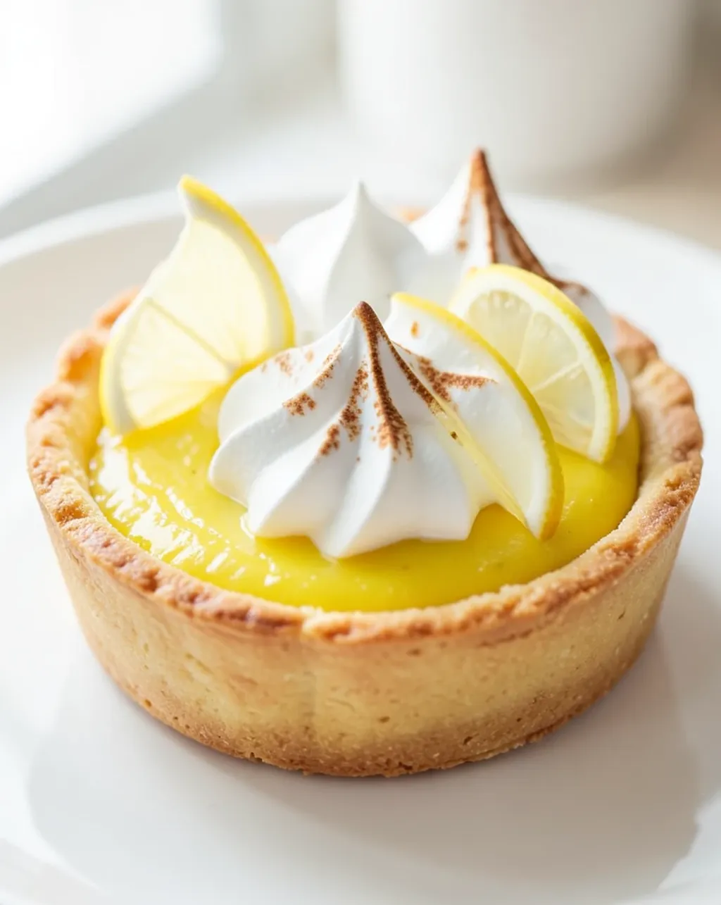 Golden lemon tart with bright yellow curd, torched meringue peaks, and thin lemon slice garnish