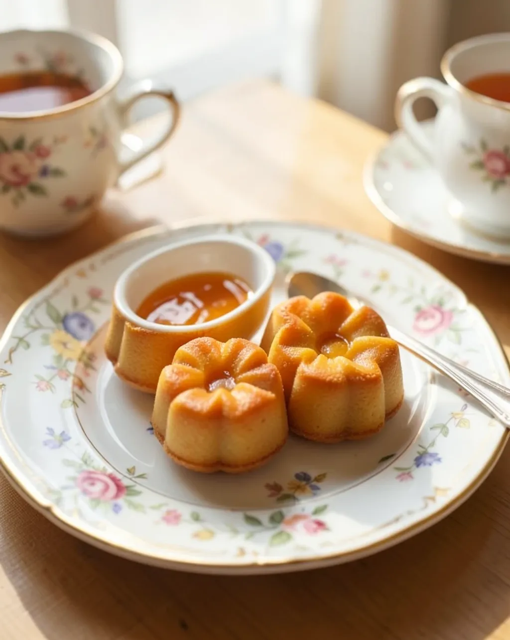 Golden shell-shaped madeleines on a delicate floral plate with a small dish of honey