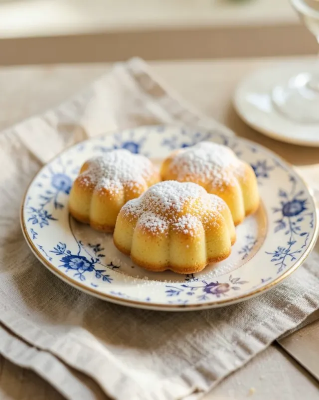 Fresh madeleines dusted with powdered sugar on vintage blue floral china plate with linen napkin