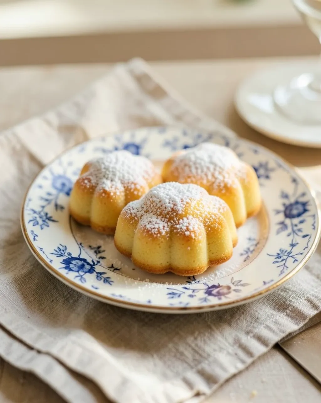 Fresh madeleines dusted with powdered sugar on vintage blue floral china plate with linen napkin