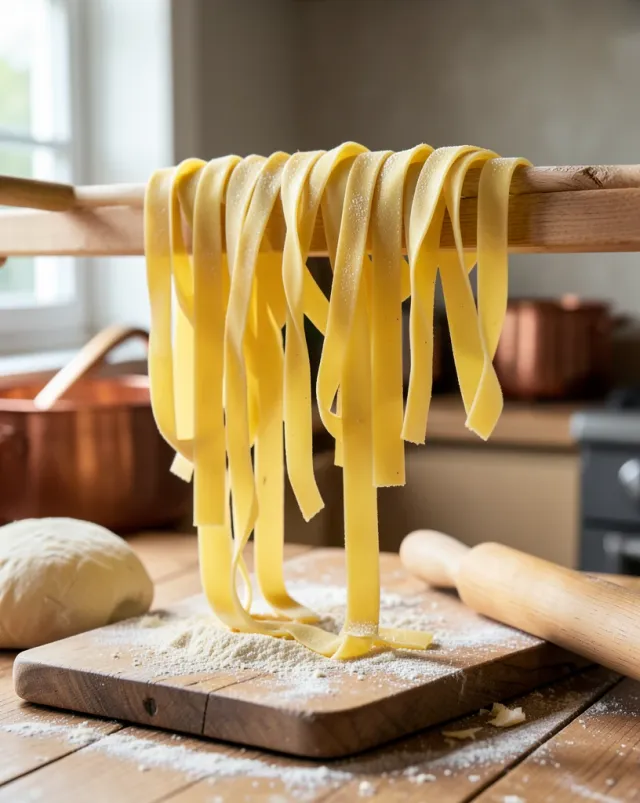 Fresh tagliatelle hanging on a wooden drying rack with flour, dough, and a rolling pin.